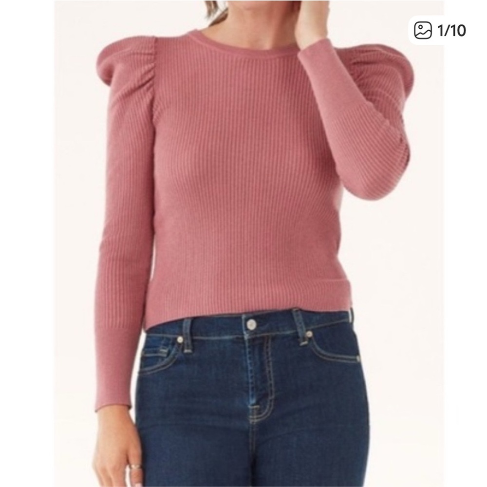 Splendid Rose Pink Ribbed Puff-Sleeve Crewneck Sweater